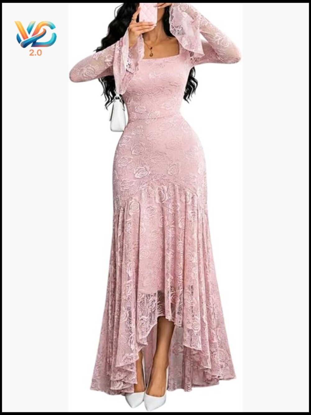 Lace Maxi Dress Square Neck Ruffle Sleeve High Low Mermaid Elegant Party